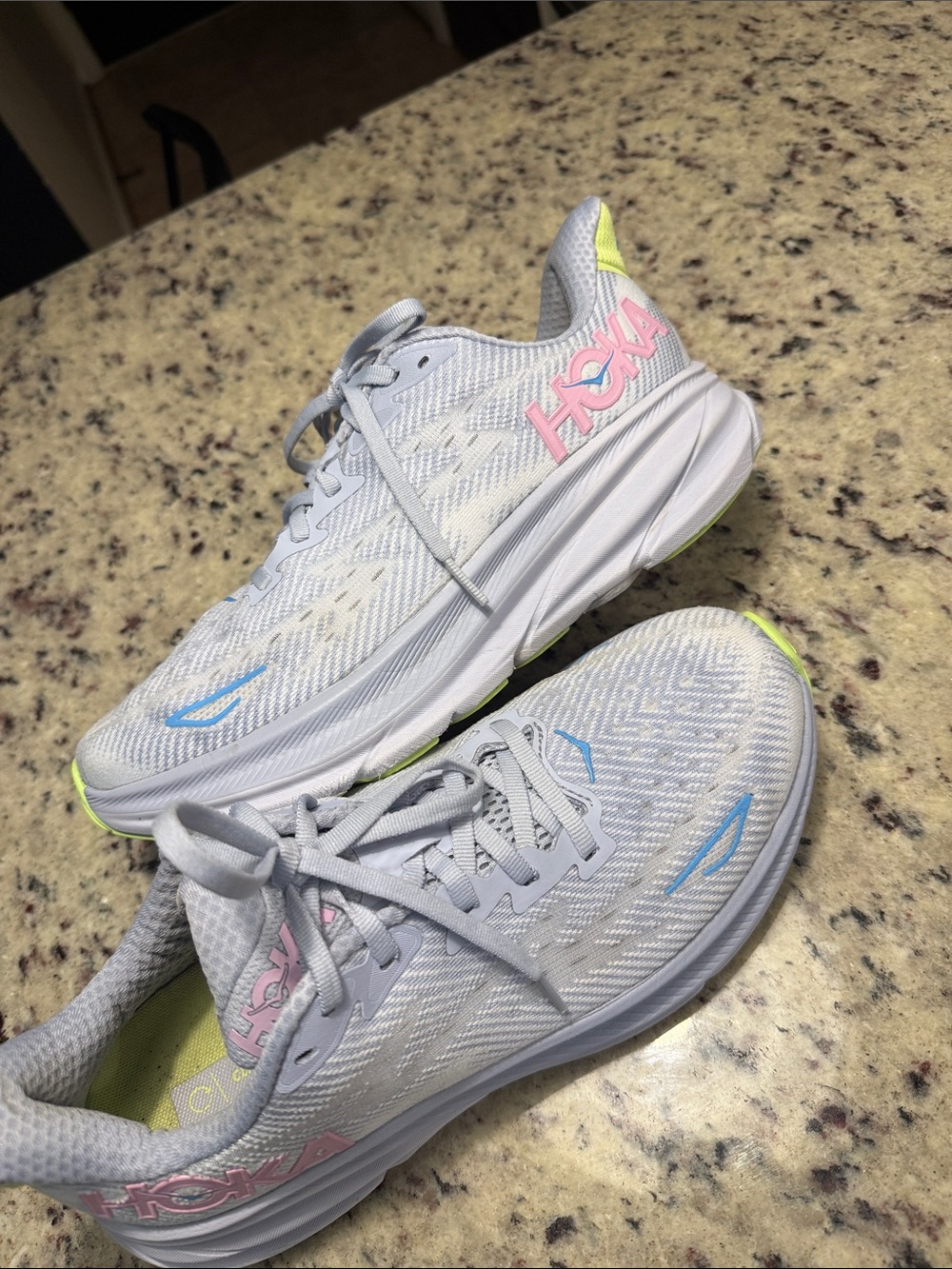 Hoka White Running Shoes with Pink and Blue Accents